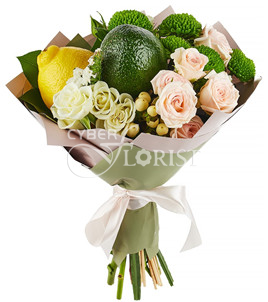 A bouquet of flowers with avocado and lemon